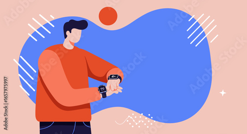 Man checking multiple smartwatches, symbolizing modern connectivity, personal data tracking, and efficient lifestyle management through wearable technology.
