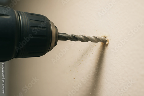 Electric drill in action, drilling a hole into a wall, with dust particles flying around.