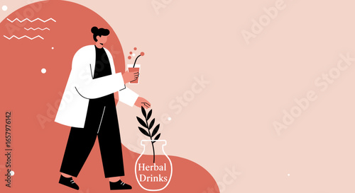 A person in a lab coat holding a herbal drink next to a plant, symbolizing natural remedies and healthy beverages. Ideal for wellness and organic product promotions.