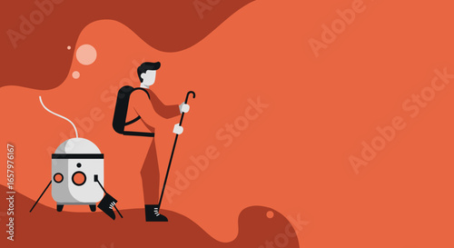 A person with a backpack and walking stick explores an abstract landscape alongside a futuristic robot companion, symbolizing discovery and technological advancement.