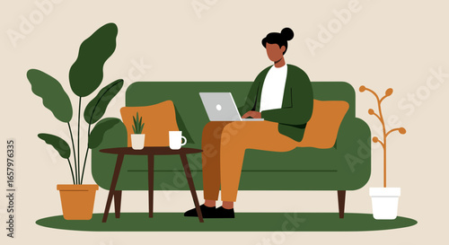 Person comfortably working from home on a laptop, depicting remote work, a flexible lifestyle, and modern productivity in a cozy setting.