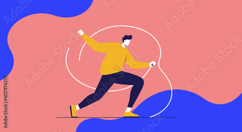 Energetic man illustration embodying progress, determination, and overcoming challenges in a dynamic, abstract setting. Ideal for business, success, or personal growth concepts.