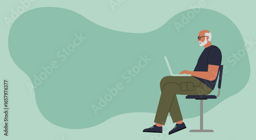 Senior man with laptop, embodying digital literacy and remote work. Ideal for themes of experienced professionals, lifelong learning, and modern lifestyle.