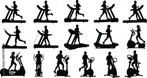 Set of 9 gym cardio equipment silhouette icons with treadmill running and stationary bike exercise poses