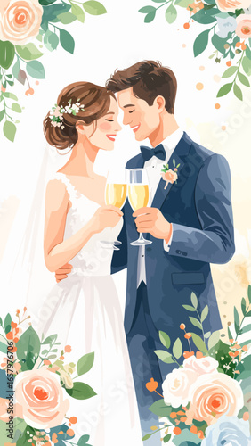 Elegant Wedding Couple Toasting with Champagne in Watercolor Style