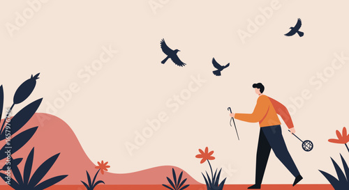 Illustration of a person walking through a peaceful natural landscape with flying birds. Represents outdoor leisure, journey, and connection with nature.
