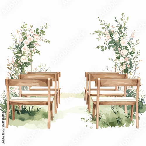 Rustic outdoor wedding ceremony aisle with wooden chairs and white rose floral arches.