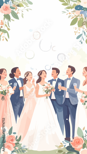 Joyful Wedding Party Celebrating with Champagne and Flowers