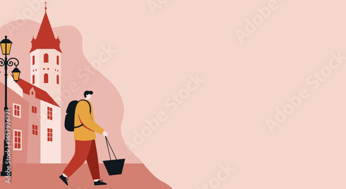 Traveler explores a charming European town street with a historic church and classic lamppost. Ideal for concepts of tourism, urban life, or leisure.