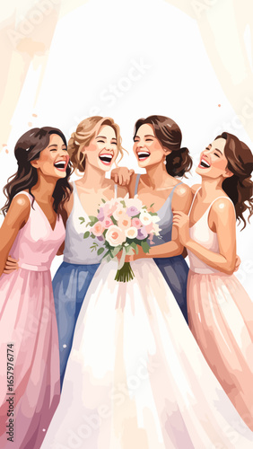 A joyful bride in a white gown with her laughing bridesmaids in a watercolor style.