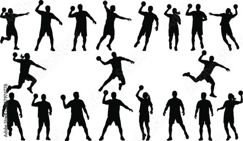 Set of 18 ball sport silhouette icons with athletes throwing, catching, and holding balls in action poses
