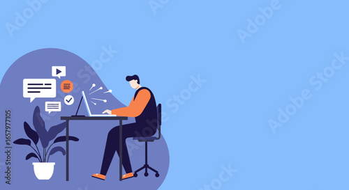 Person working on a laptop, engaged in online communication and tasks. Ideal for business, remote work, or digital lifestyle concepts.