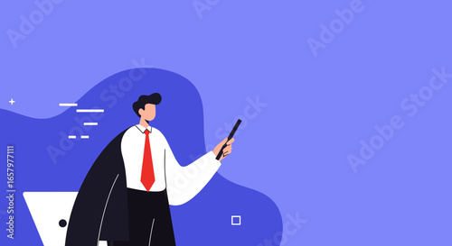 Professional man in business attire giving a presentation with a pointer on a minimalist background, perfect for corporate training, education, or marketing.