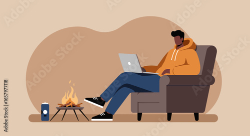 Person working on laptop by a cozy campfire, embracing a flexible remote work lifestyle outdoors. Concept of digital nomad and freedom.