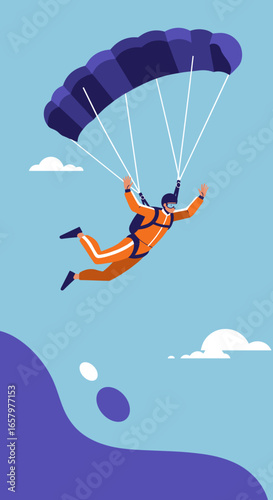 Skydiver descending with a purple parachute against a clear blue sky and clouds, illustrating freedom, thrill, and extreme sports adventure.