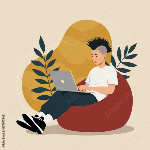 A modern person with a unique hairstyle works on a laptop while relaxing on a beanbag chair, representing remote work and creative productivity.
