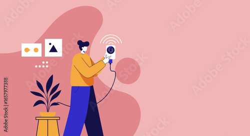 Modern flat illustration of a person setting up a smart home device, symbolizing security, connectivity, and contemporary lifestyle automation.