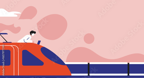 Man working on a laptop atop a high-speed train, symbolizing modern remote work and efficient travel connectivity.