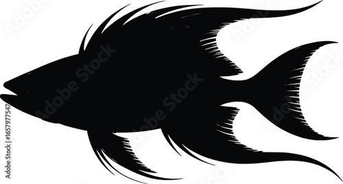 Black silhouette of a stylized angelfish with brushstroke texture