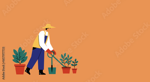 Gardener in a straw hat and overalls cultivating potted plants, symbolizing growth, hobby, and sustainable living.