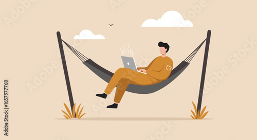 Relaxed man working remotely on a laptop in a hammock outdoors. Represents digital nomad lifestyle, flexible work, and comfort in nature.