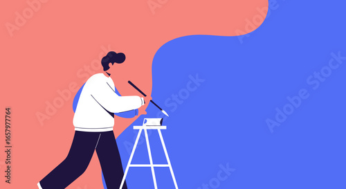 Abstract illustration of a person painting a wall, representing creativity, artistic expression, and transformation. Ideal for design, renovation, or innovative concepts.