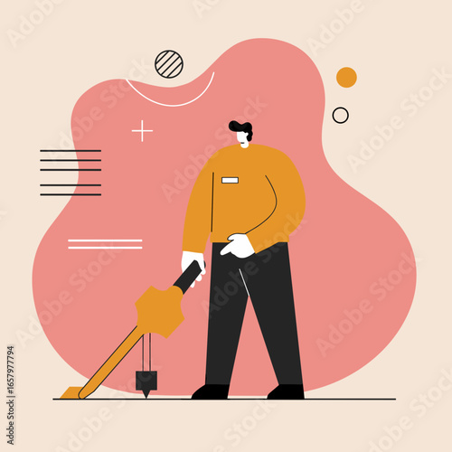 A male professional in a yellow uniform uses a specialized tool for precise measurement or surveying. Ideal for concepts of work, engineering, and industry.