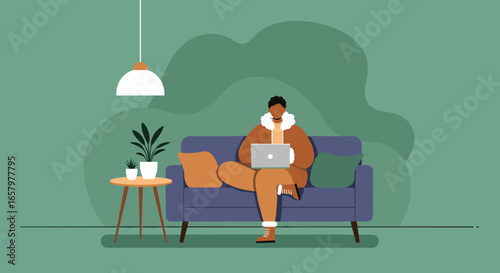 Person comfortably working on a laptop from their home couch, illustrating remote work, online learning, or a flexible modern lifestyle.
