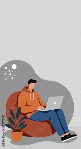 Young man working remotely on a laptop, comfortably seated on a bean bag chair at home. Concept of freelance, online education, or leisure.