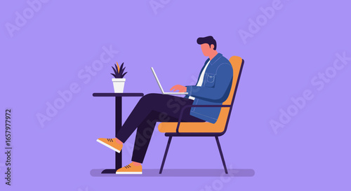 Man working comfortably on laptop at a table, symbolizing remote work, online learning, or digital freelancing lifestyle.
