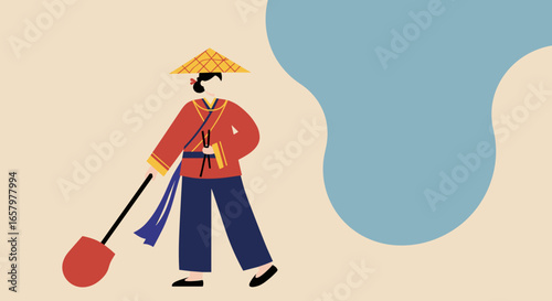 Person in traditional Asian attire with conical hat, holding a shovel and chopsticks. Represents culture, labor, food, and unique combinations.
