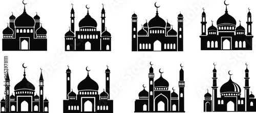 Set of eight mosque silhouette icons with domes, minarets, and crescent moons for cultural and religious designs