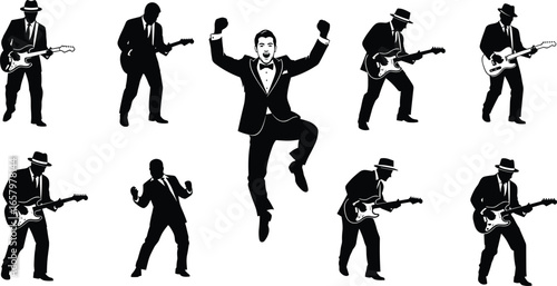 Set of nine male musician silhouettes in suits playing electric guitars and performing dynamic rock poses