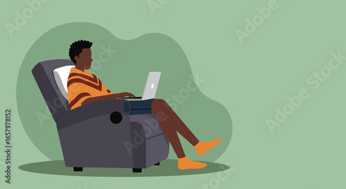Person sitting comfortably in an armchair using a laptop, representing remote work, online learning, or digital lifestyle. Ample copy space.
