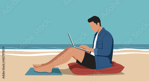 Man working remotely on a laptop at the beach, enjoying a flexible lifestyle. Ideal for digital nomad concepts, travel, business, and freedom themes.