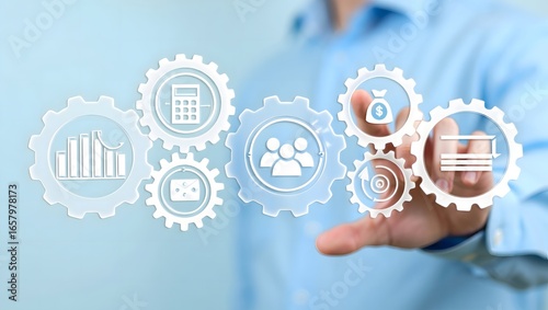 Business process automation concept with gears and icons for efficiency and workflow