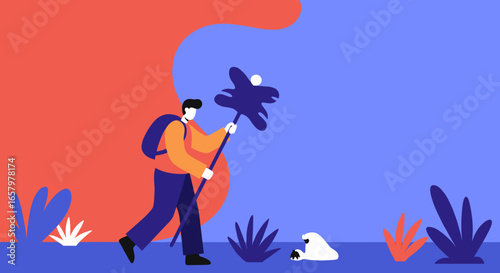A stylized person with a backpack explores a colorful, abstract outdoor landscape, embodying adventure, travel, and discovery.