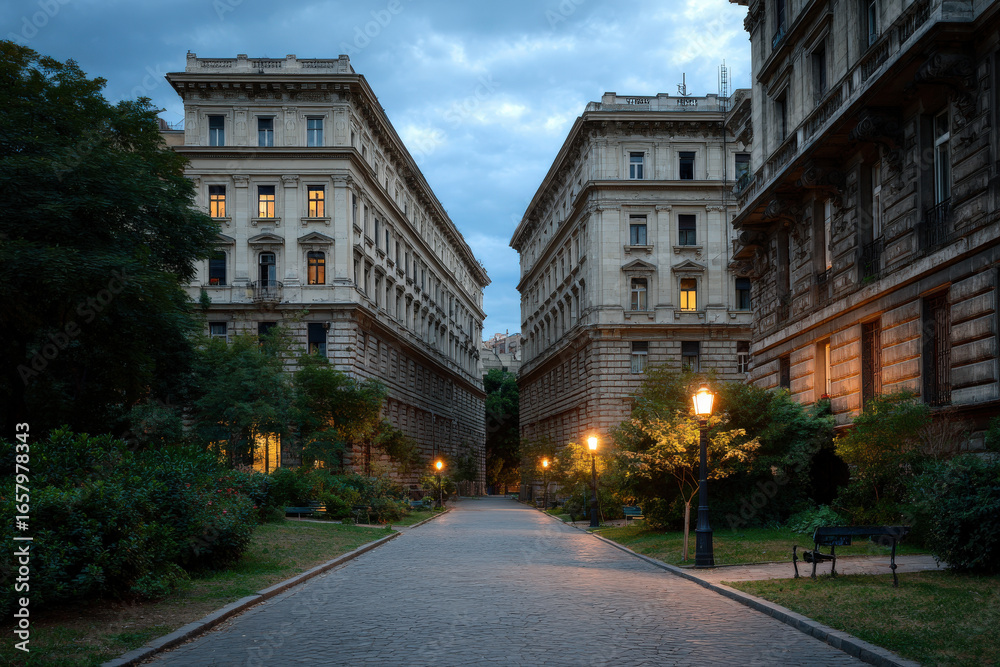 Fototapeta premium enchanting view of european capital city empty streets during evening hours where soft glow of street lamps