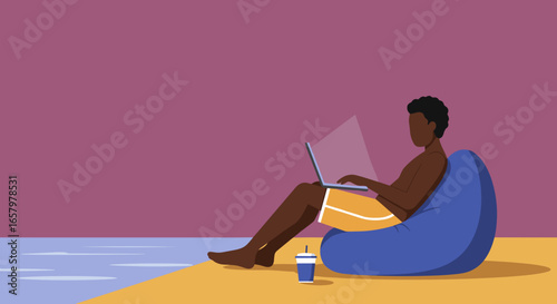 Man working remotely on a laptop while relaxing on a bean bag at a beach, embodying the digital nomad lifestyle of freedom and flexibility.