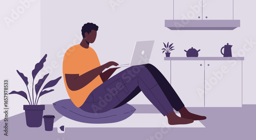 Person working remotely on laptop at home, sitting comfortably on floor with coffee. Illustrates modern flexible work, productivity, and digital lifestyle.