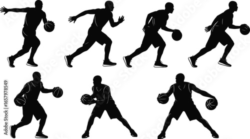 Set of six basketball player silhouette icons dribbling ball in dynamic action poses for sports design