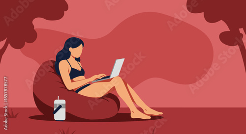 Woman in swimsuit works on laptop outdoors in a relaxed setting, embodying remote work, digital nomad lifestyle, and summer leisure.