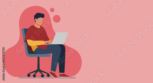 Young man works diligently on a laptop, embodying modern productivity, digital lifestyle, and flexible remote work concepts.