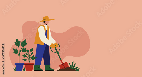 Person in a straw hat and overalls digging soil with a shovel next to potted plants. Concept of gardening, horticulture, and sustainable living.