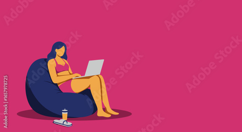Woman in casual attire comfortably works on a laptop from a bean bag chair, illustrating remote work, online learning, and a relaxed digital lifestyle.