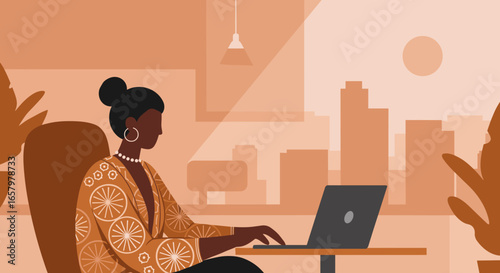 Confident Black woman working on a laptop in a stylish modern office with a city skyline view, embodying remote work and productivity.