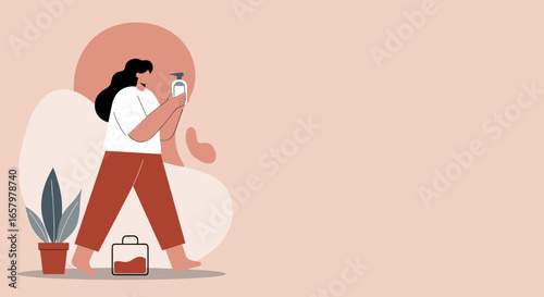 Minimalist illustration of a woman holding a pump bottle for personal hygiene or self-care. Represents cleanliness, health, and wellness concepts for beauty and lifestyle.