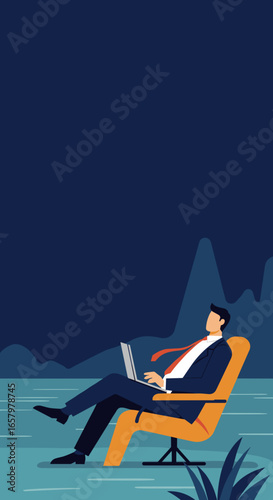 A businessman works remotely on his laptop from a comfortable outdoor setting, embodying work-life balance and modern productivity. Ideal for tech, lifestyle, or business themes.