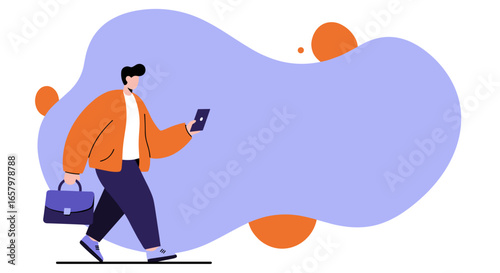 Stylish man commutes, using smartphone while carrying briefcase. Modern illustration for work, communication, or everyday life.