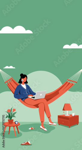 A relaxed woman works remotely on her laptop while lounging in a hammock outdoors. Represents flexible work, digital nomad lifestyle, and summer productivity.